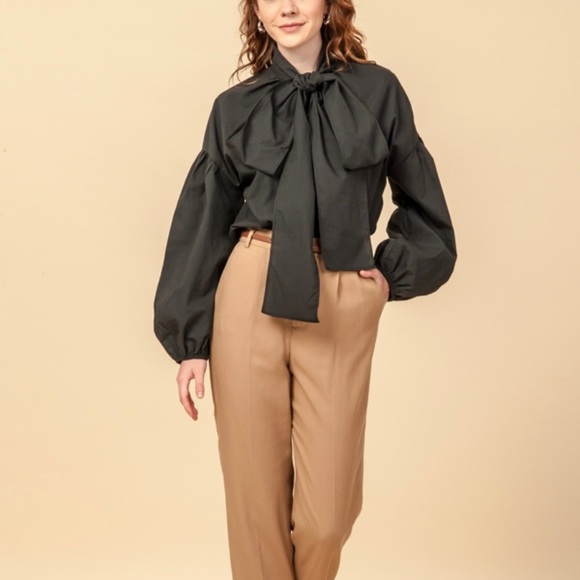 Tops - Puffed Sleeve Bow Tie Button Down Blouse